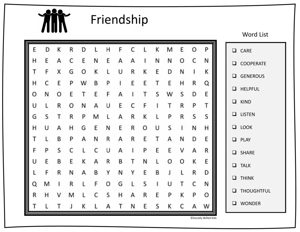 Friendship word search, open-letter version: students locate look, play, think, wonder and other words from the list