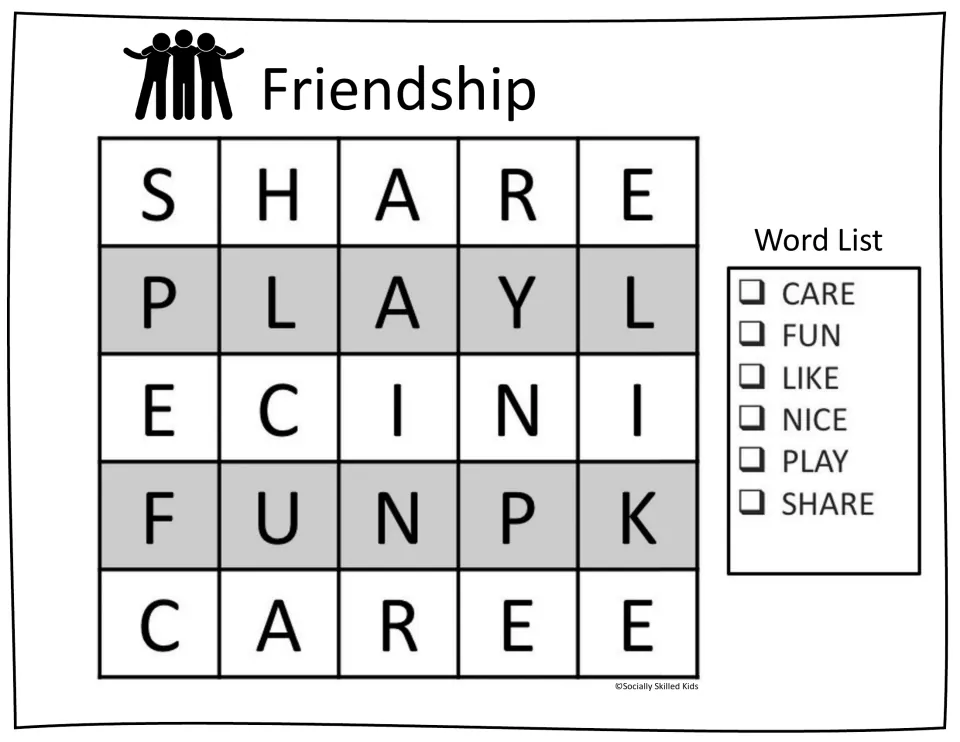 Five-by-five friendship word search: students find six words, care, fun, like, nice, play and share, in large letters