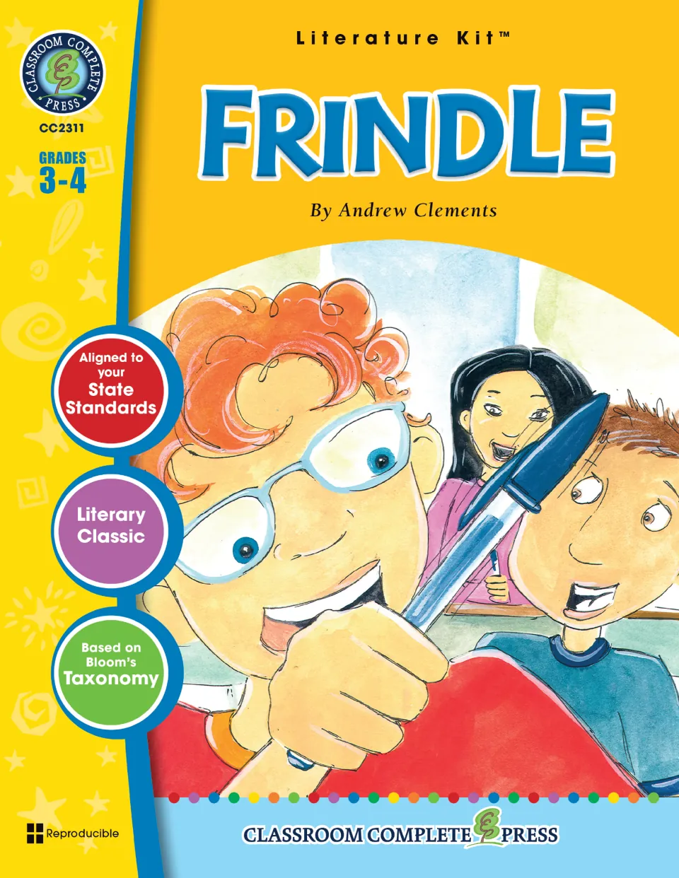 Frindle literature kit cover identifies Andrew Clements as the novel's author and lists grades 3–4.