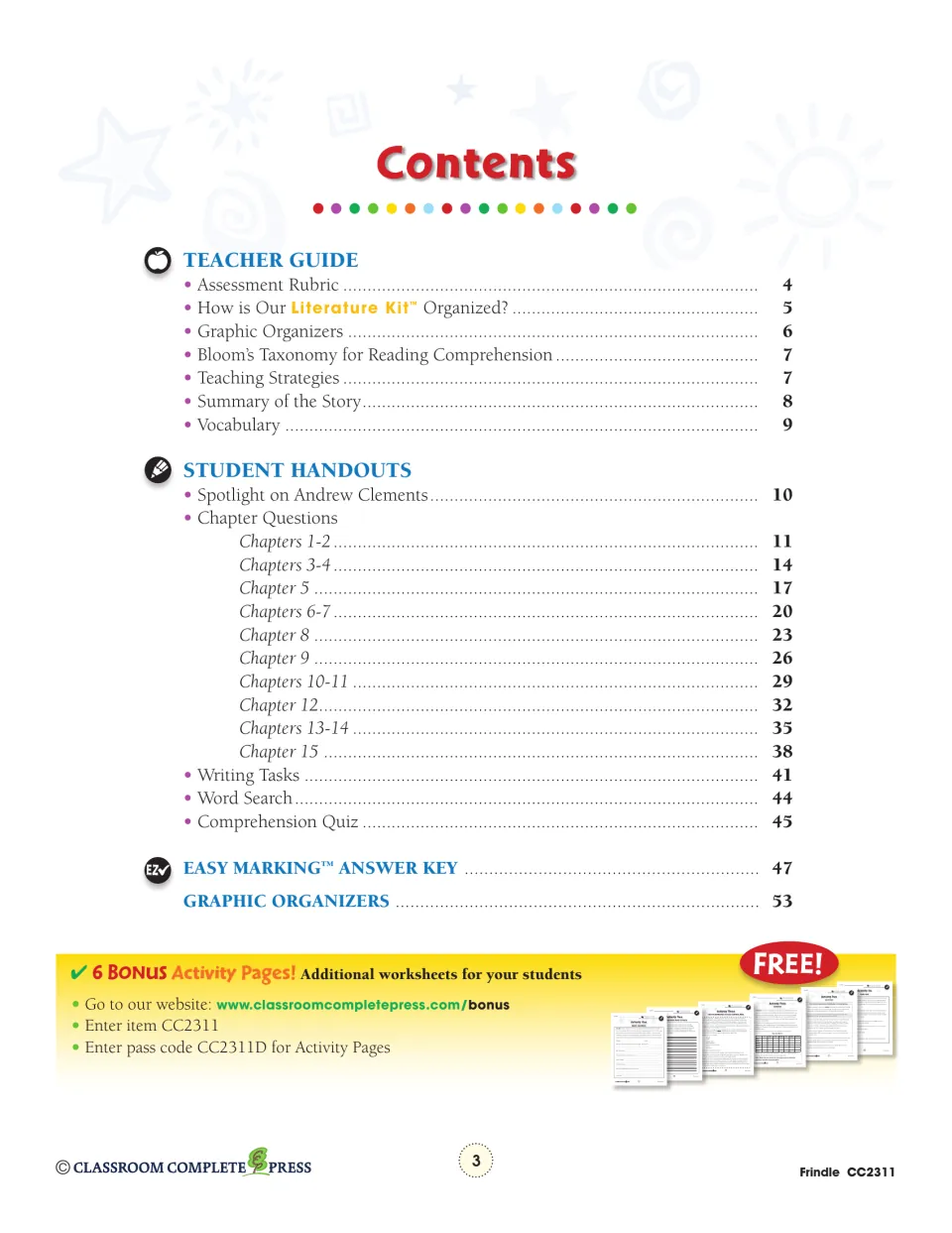 Contents lists teacher guidance, chapter questions, writing tasks, a word search, quiz, and answer key.