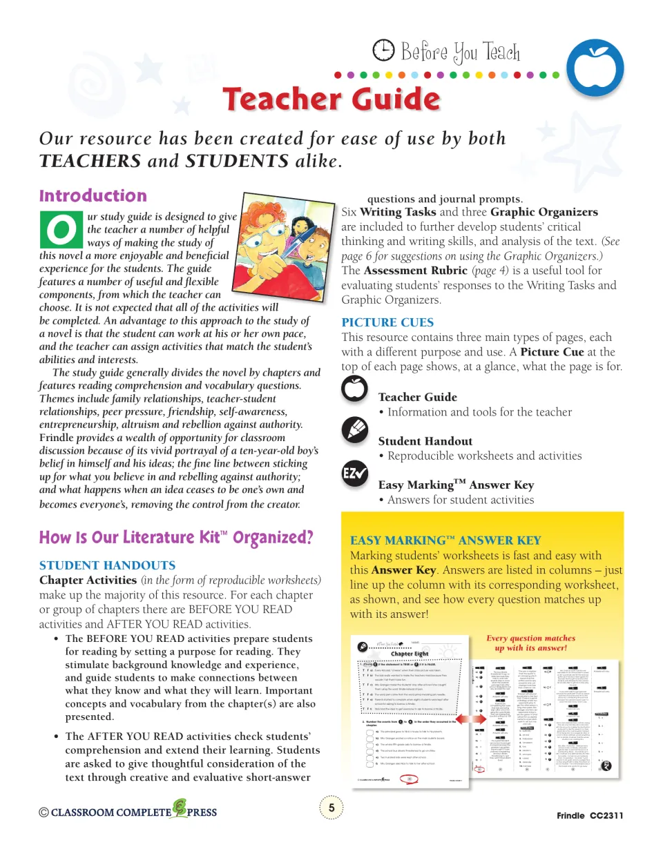 Teacher guide explains before- and after-reading activities, six writing tasks, and the answer key.