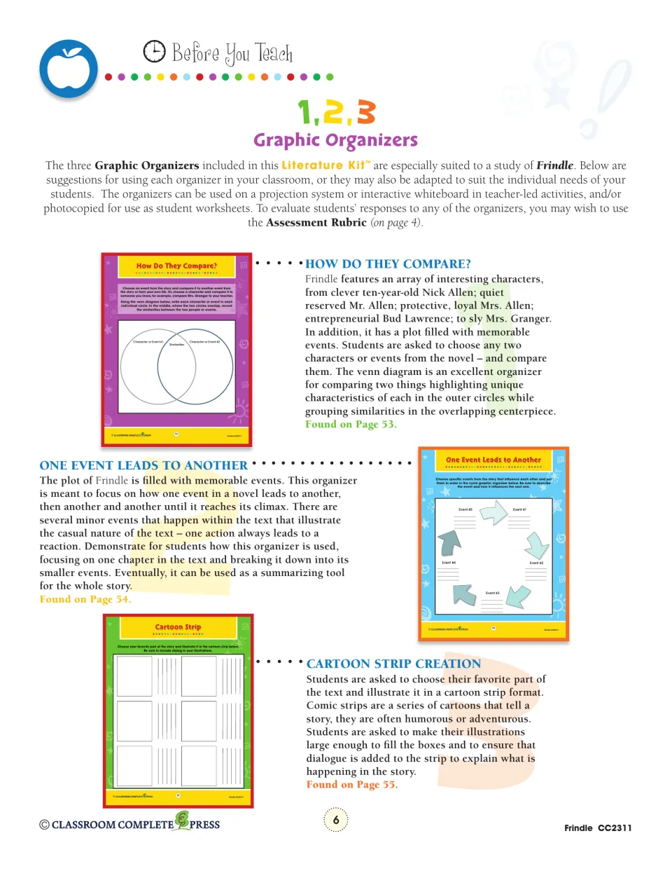 Teacher notes explain three organizers for comparing characters or events, tracing events, and making comics.