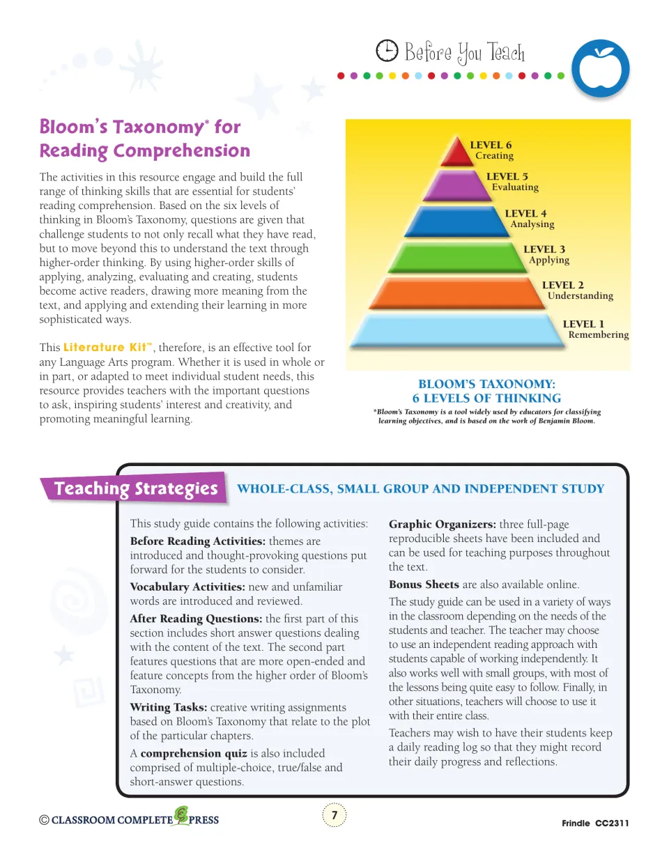 Teacher guidance explains Bloom's six thinking levels and strategies for whole-class, group, or independent study.