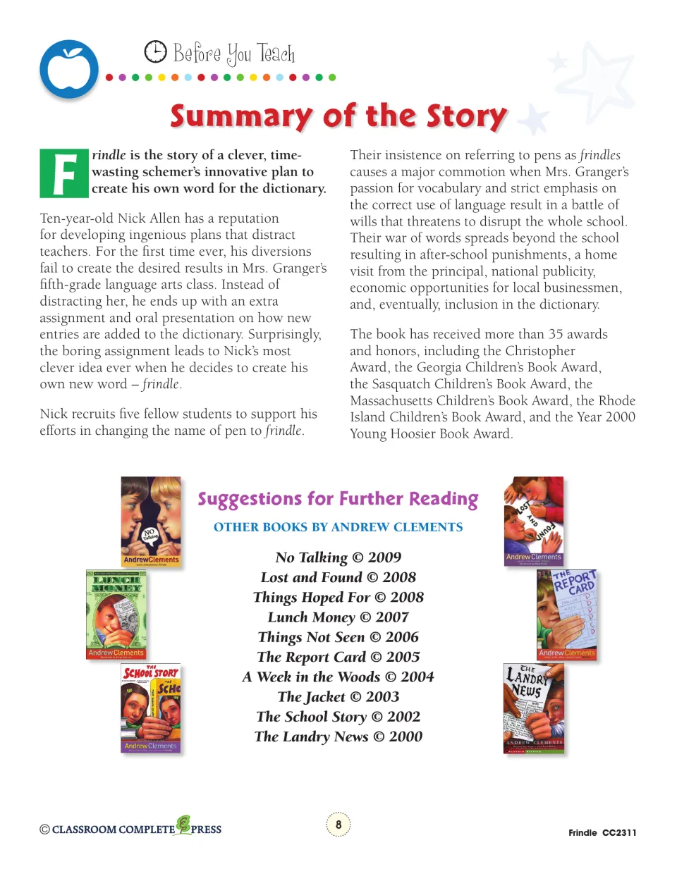 Story summary follows Nick Allen's invented word from classroom conflict to publicity and dictionary inclusion.