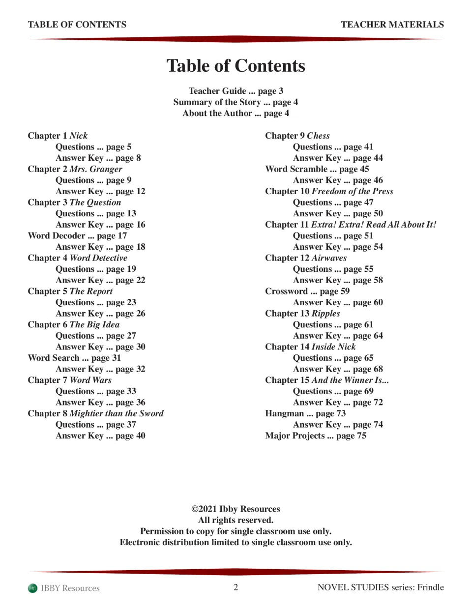 Table of contents listing questions and answer keys for all 15 chapters, plus word puzzles, hangman and major projects