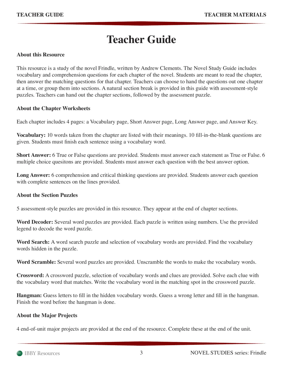 Teacher guide explaining vocabulary, short answer and long answer pages, five section puzzles and end-of-unit projects