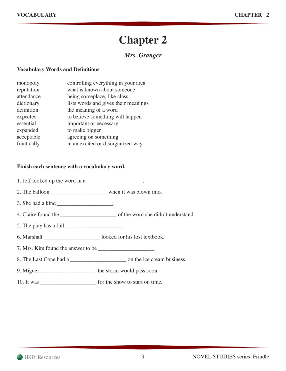 Chapter 2 'Mrs. Granger' vocabulary: 10 words like monopoly and frantically with meanings, then 10 sentences to complete
