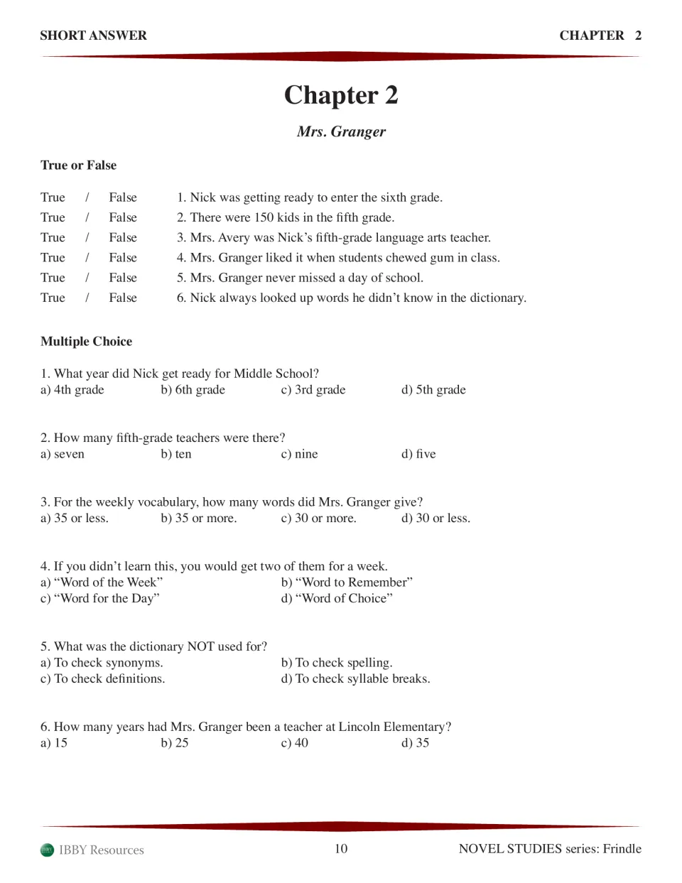 Chapter 2 comprehension: true-or-false and multiple-choice questions on Mrs. Granger, the dictionary and the fifth grade