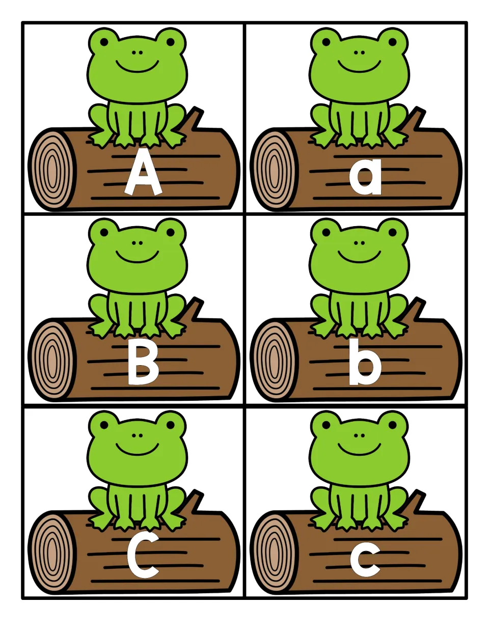 Letters A, B and C: six cut-apart cards, each a frog on a log, pairing uppercase and lowercase for letter matching