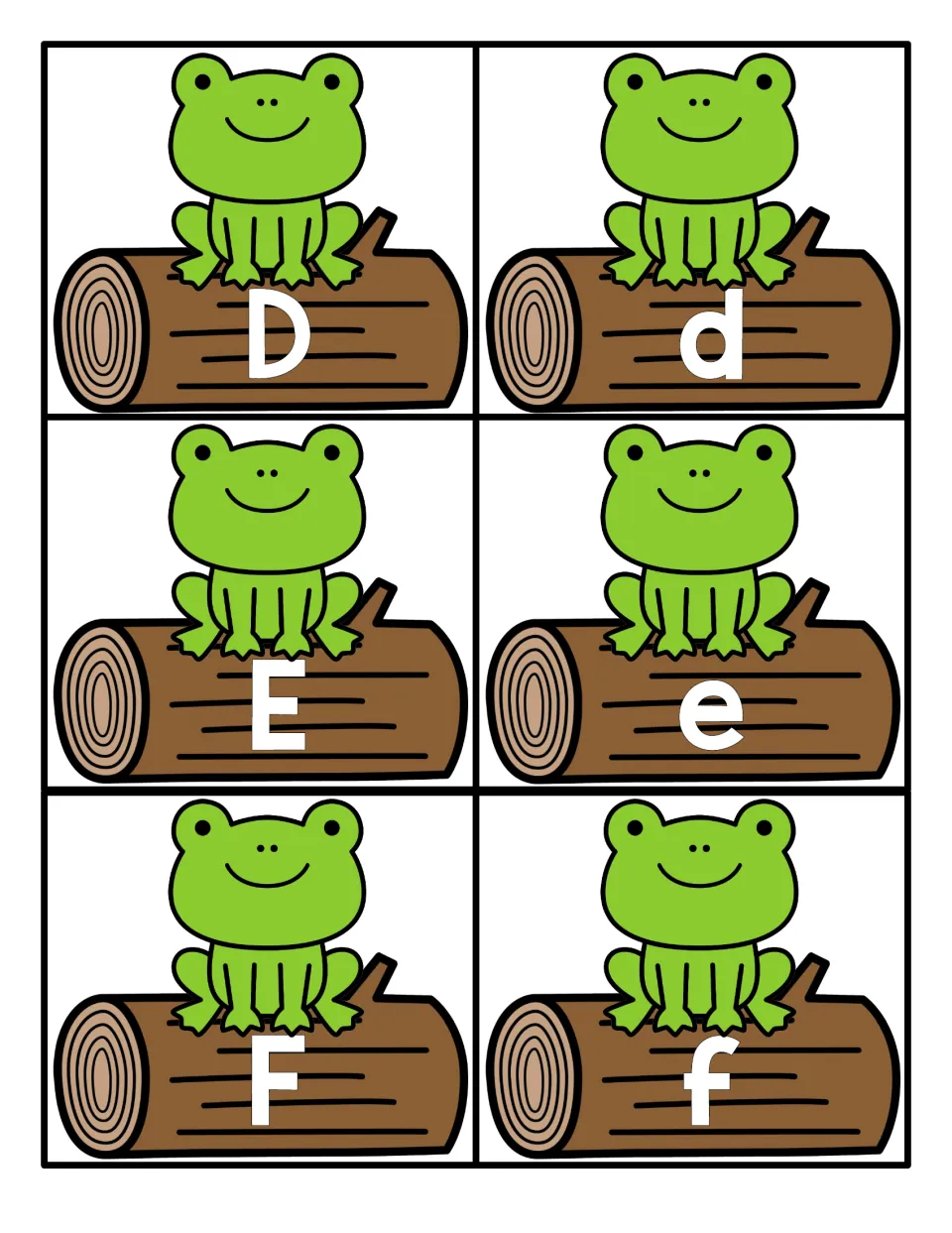 Letters D, E and F: capital and small letter cards on frogs sitting on logs, for matching each uppercase to its lowercase