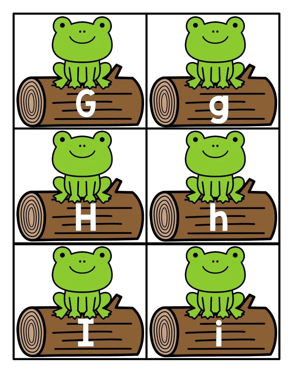 Letters G, H and I: six frog-on-log cards showing each capital beside its lowercase partner for letter recognition