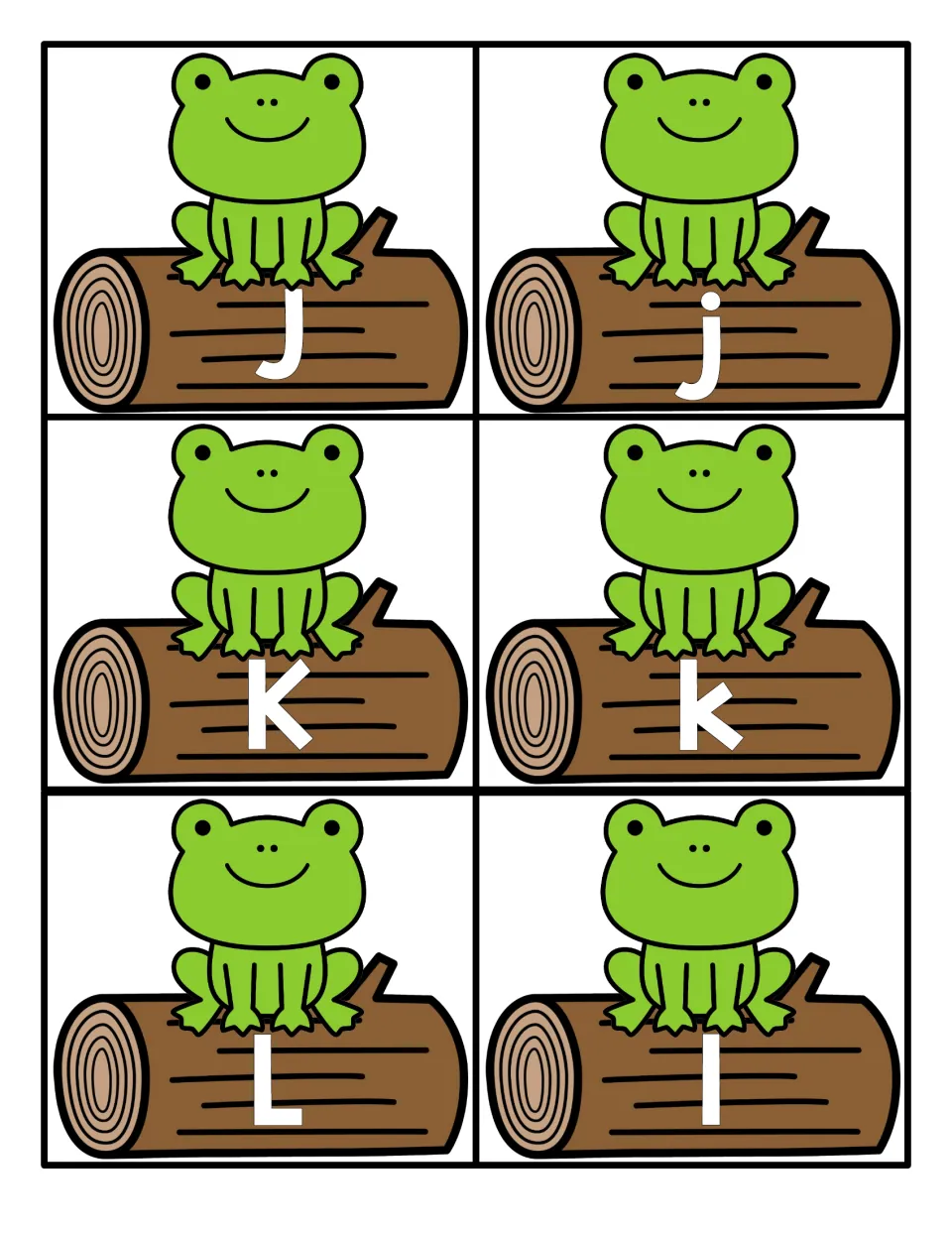 Letters J, K and L: uppercase and lowercase cards with a green frog on a brown log, for pairing matching letters
