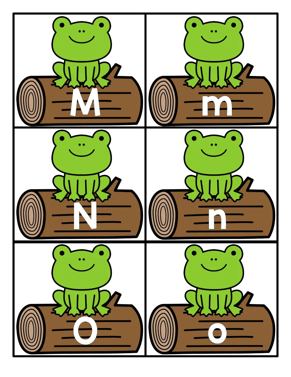 Letters M, N and O: frog-on-log cards with big and little letters, so children can name each letter and find its match