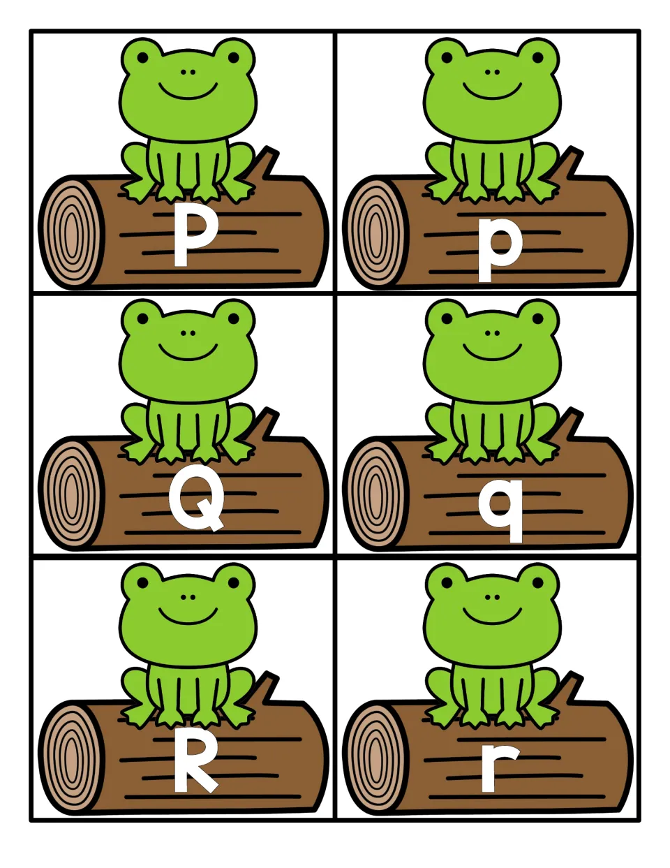 Letters P, Q and R: capital and lowercase cards on frogs and logs, including the look-alike pair p and q