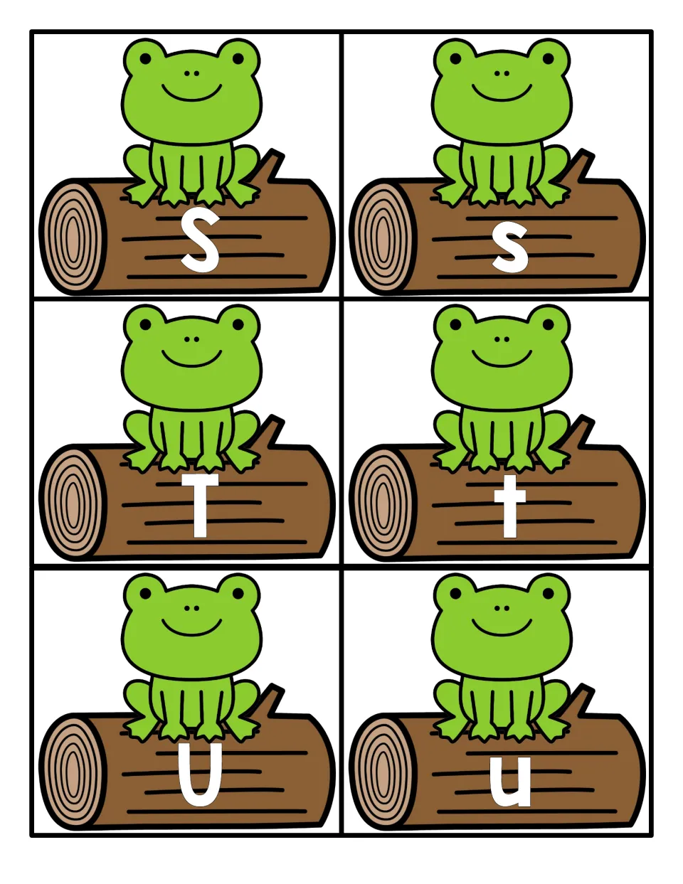 Letters S, T and U: six frog cards, each log printed with one capital or small letter for uppercase-lowercase matching