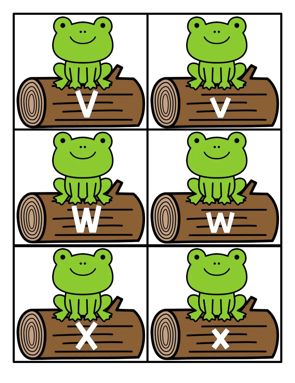Letters V, W and X: frog-on-log cards giving each letter in capital and lowercase form for matching and letter naming