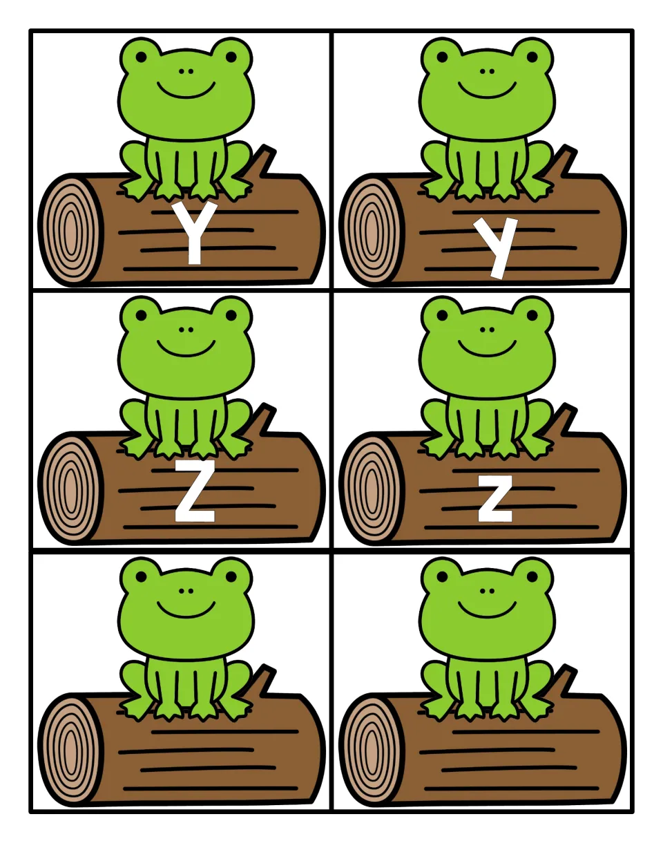 Letters Y and Z: four frog-on-log cards in capital and lowercase, plus two blank frog cards with no letter on the log