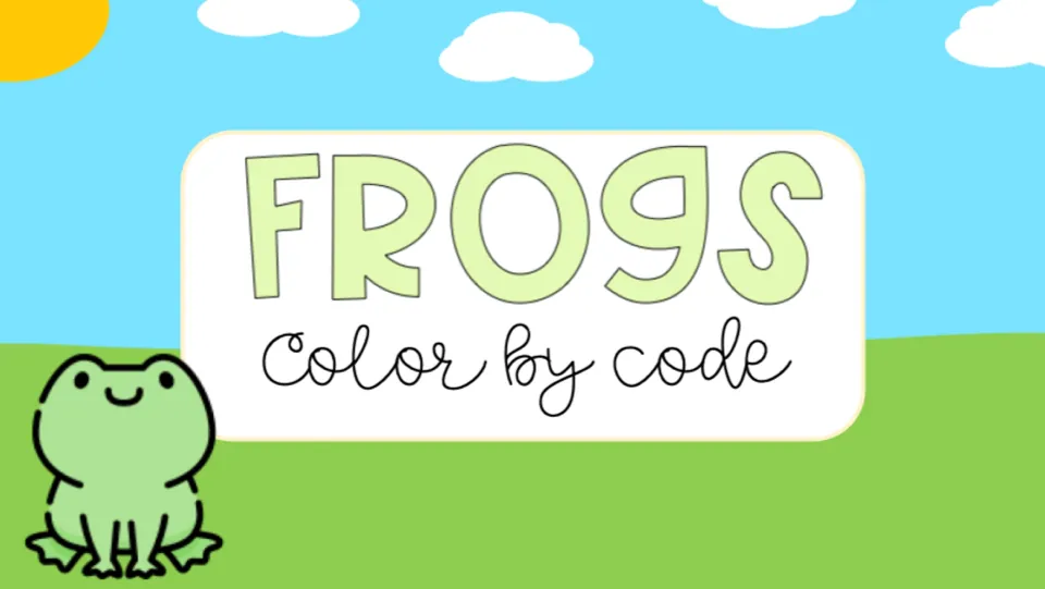 Cover of the frog-themed music symbol activity, titled 'FROGS Color by code', introducing the slide sequence