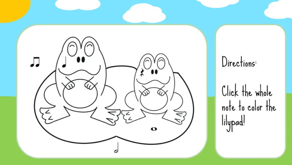 First coloring prompt: click the whole note to color the lily pad beneath two frogs in the uncolored scene