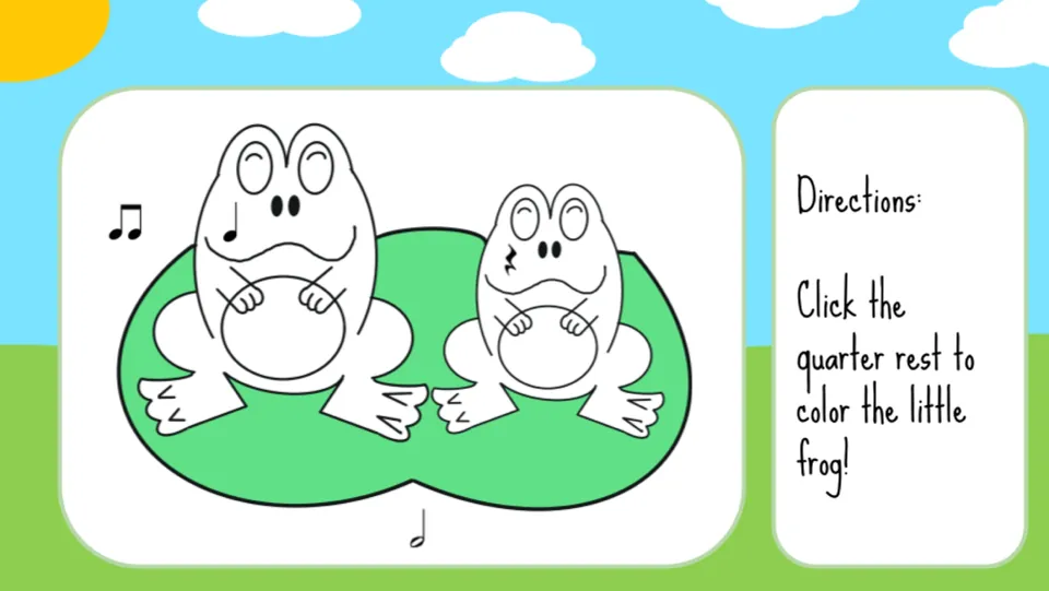 Second coloring prompt: click the quarter rest to color the little frog; the lily pad is already green