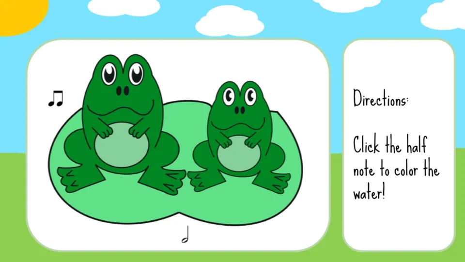 Fourth coloring prompt: click the half note to color the water; both frogs and the lily pad are green
