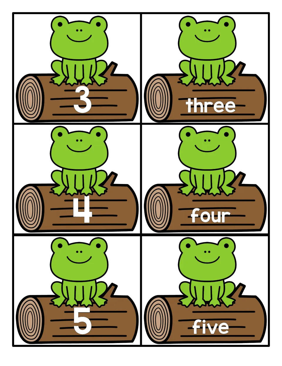 Numbers 3 to 5: frog-on-a-log cards show the numerals 3, 4 and 5 and the number words three, four and five to match