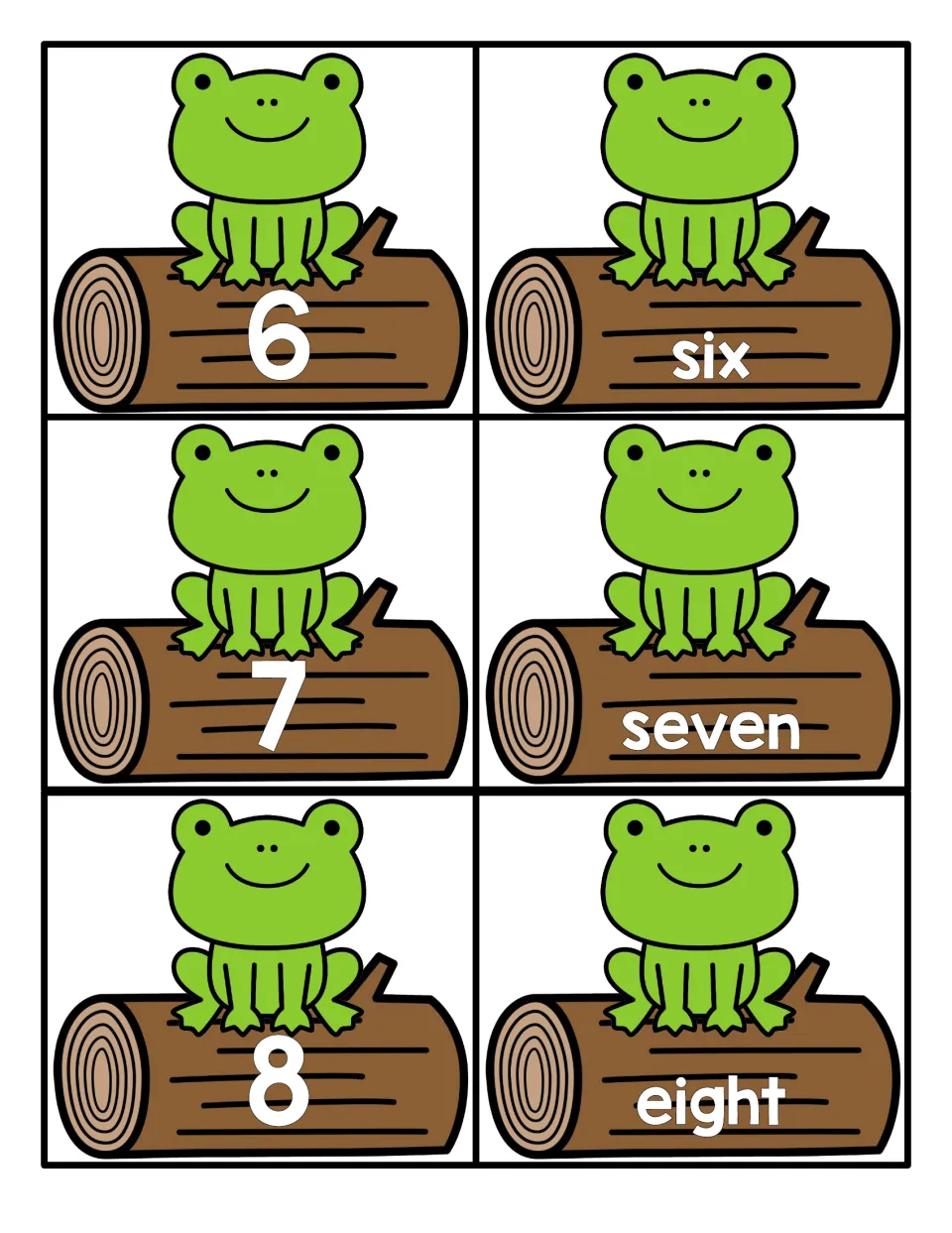 Numbers 6 to 8: frog-on-a-log cards with the numerals 6, 7 and 8 beside cards spelling six, seven and eight to match