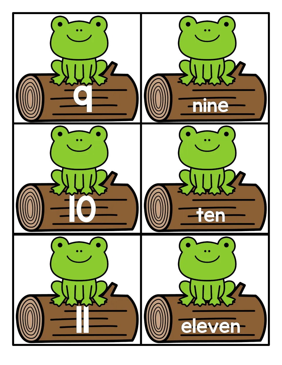 Numbers 9 to 11: frog cards pair the numerals 9, 10 and 11 with the words nine, ten and eleven for numeral-word matching