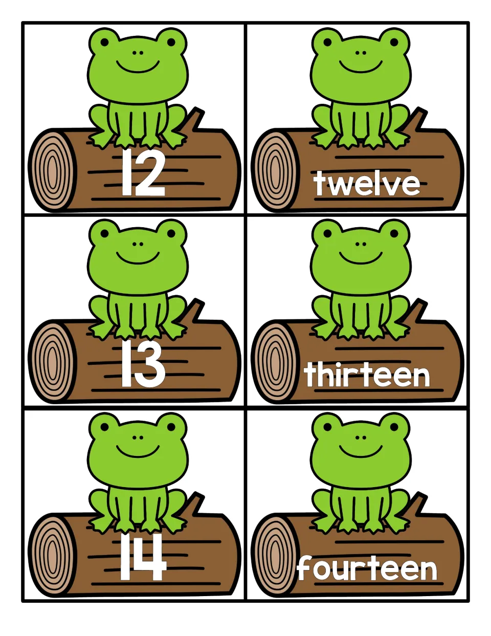 Numbers 12 to 14: frog-on-a-log cards match the numerals 12, 13 and 14 to the words twelve, thirteen and fourteen