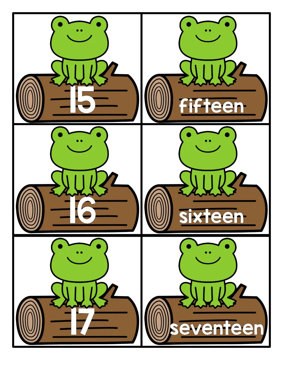 Numbers 15 to 17: frog cards show the numerals 15, 16 and 17 alongside the words fifteen, sixteen and seventeen to pair
