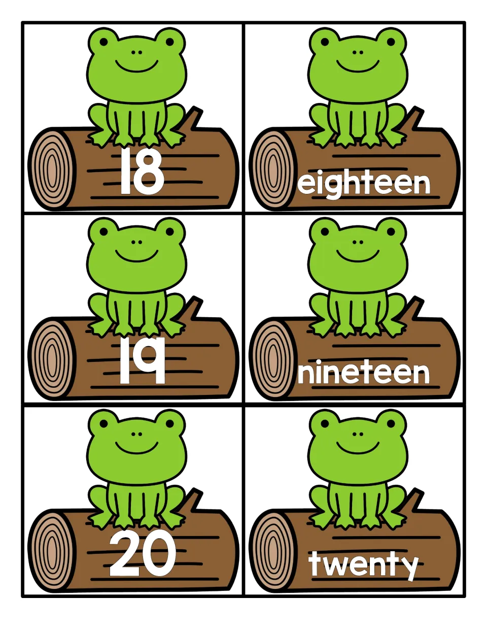 Numbers 18 to 20: frog-on-a-log cards pair the numerals 18, 19 and 20 with the words eighteen, nineteen and twenty