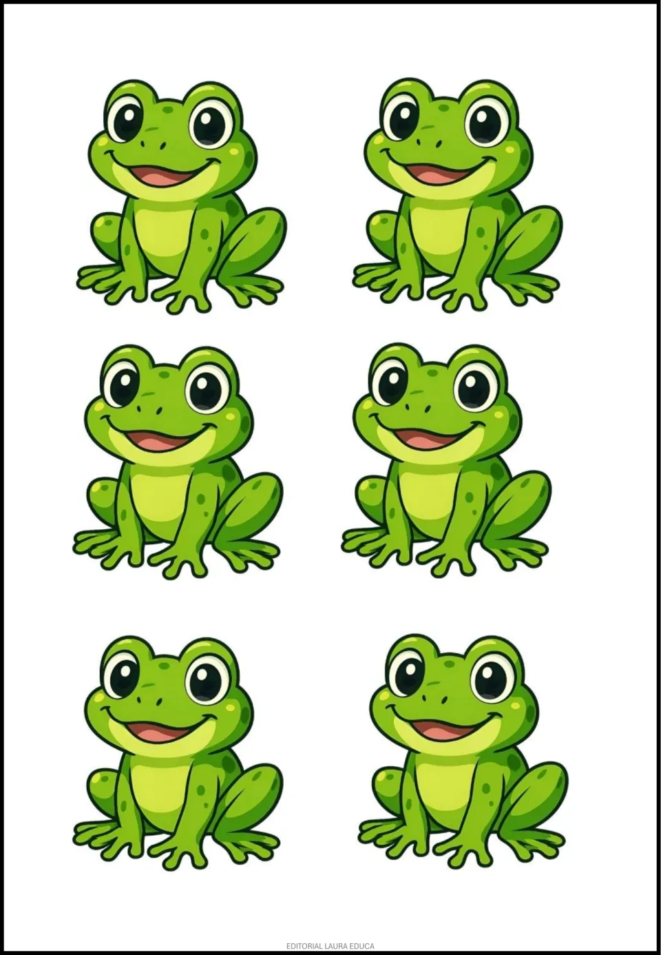 Six matching green frog cutouts on the frog sheet that accompanies the lily pad number classroom decor
