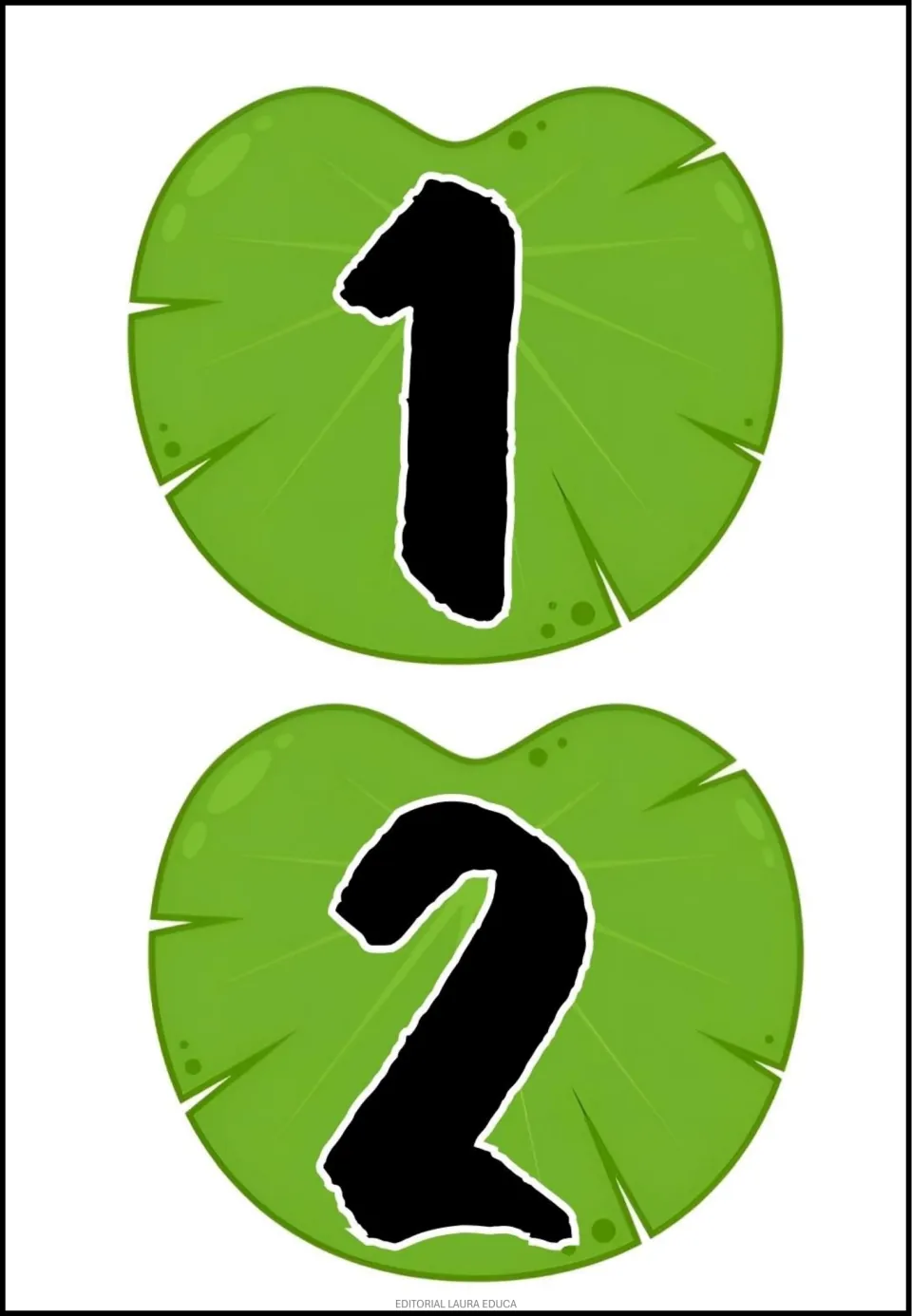 Lily pad number pieces 1 and 2, printed two per sheet as part of the frog-themed math classroom decor set