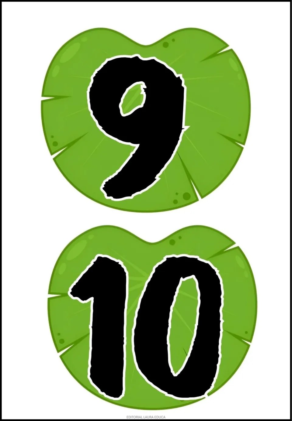 Lily pad number pieces 9 and 10, printed two per sheet as part of the frog-themed math classroom decor set