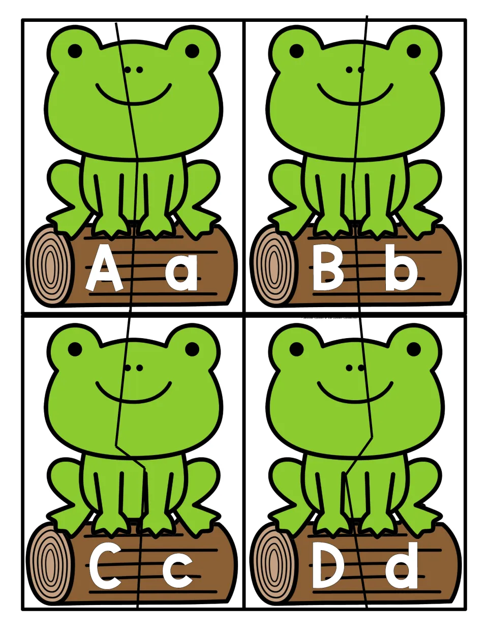 Letters A to D: four frogs sitting on logs, each split in two so students join uppercase and lowercase letter halves