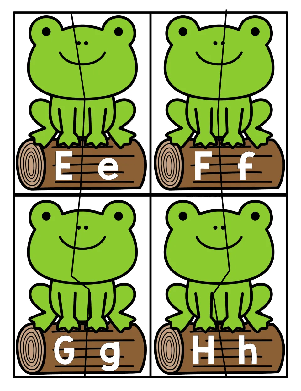 Letters E to H: two-piece frog puzzles where students match capital E, F, G and H to their lowercase partners