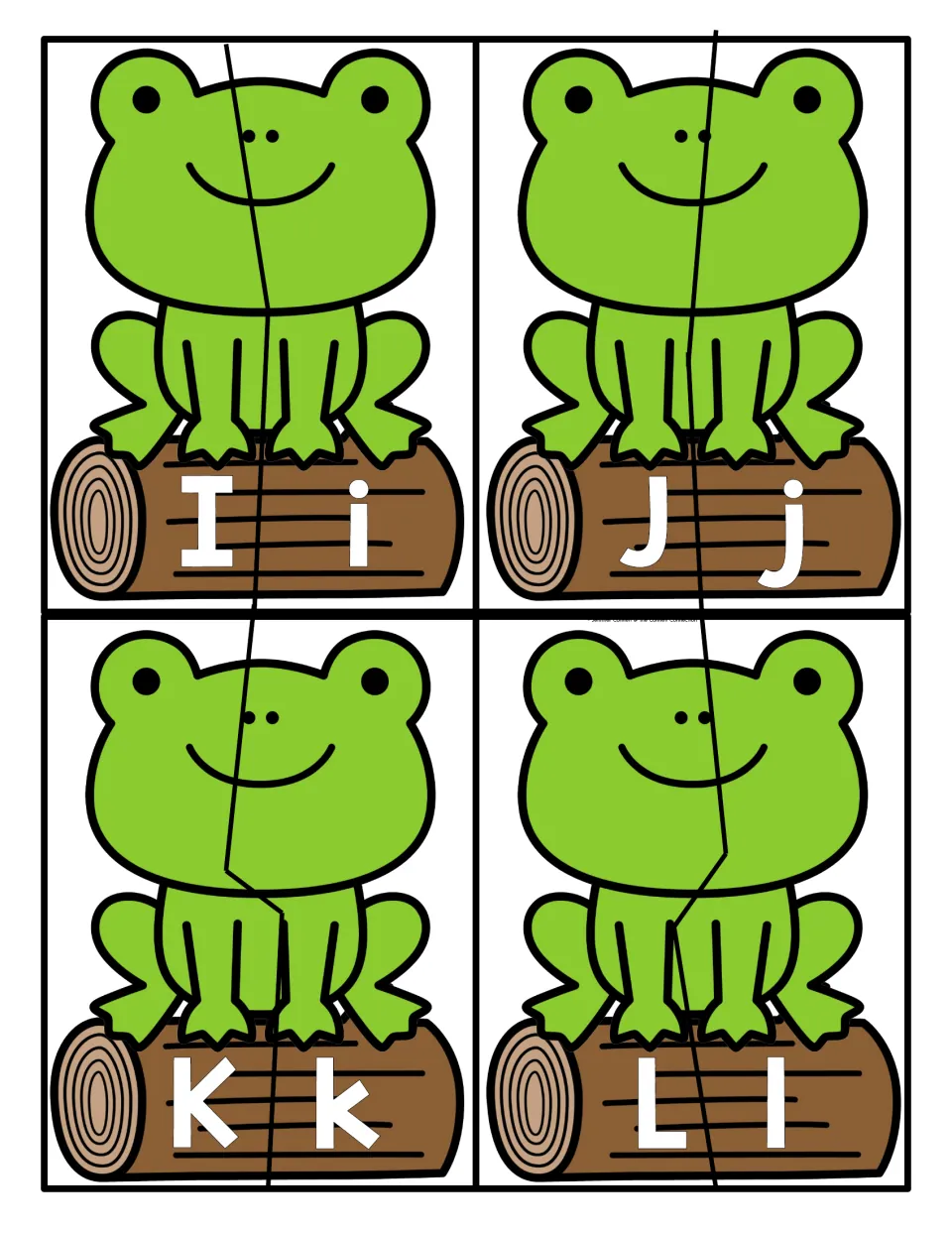 Letters I to L: smiling frog puzzles cut down the middle for pairing uppercase I, J, K and L with lowercase forms