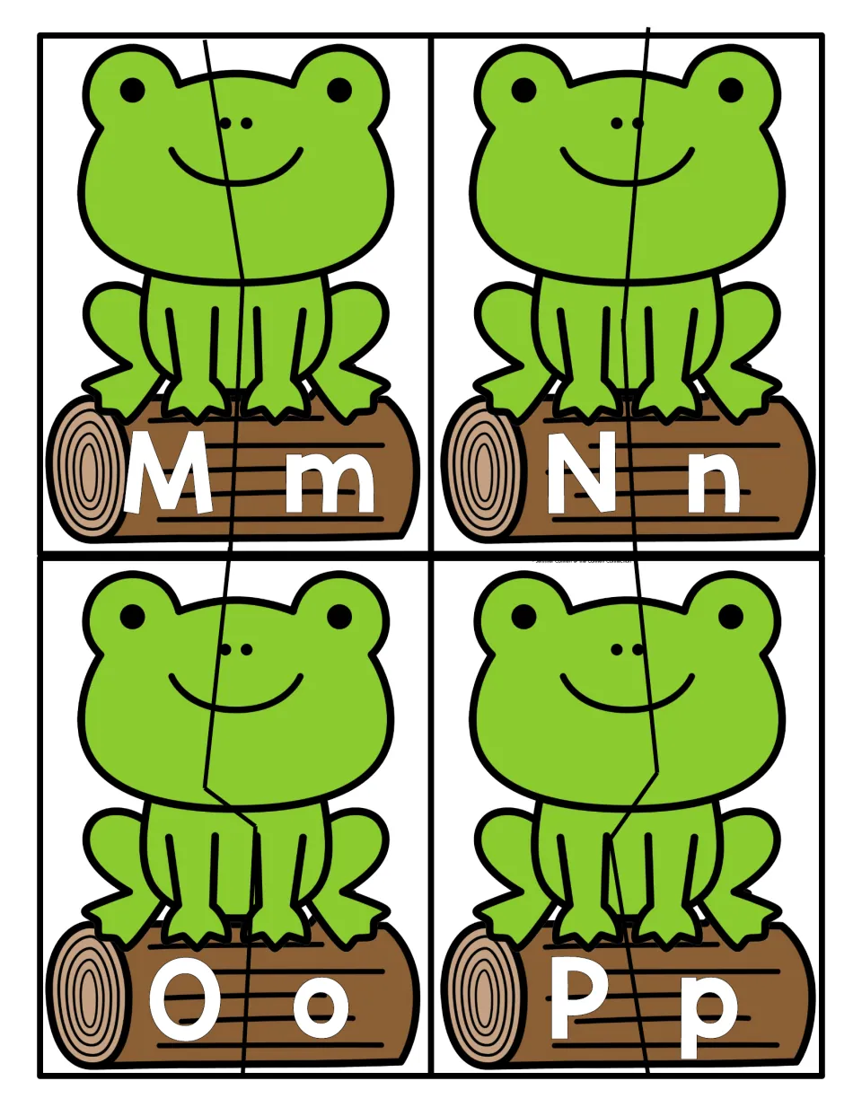 Letters M to P: frog-on-a-log puzzle halves for matching uppercase M, N, O and P with their lowercase letters