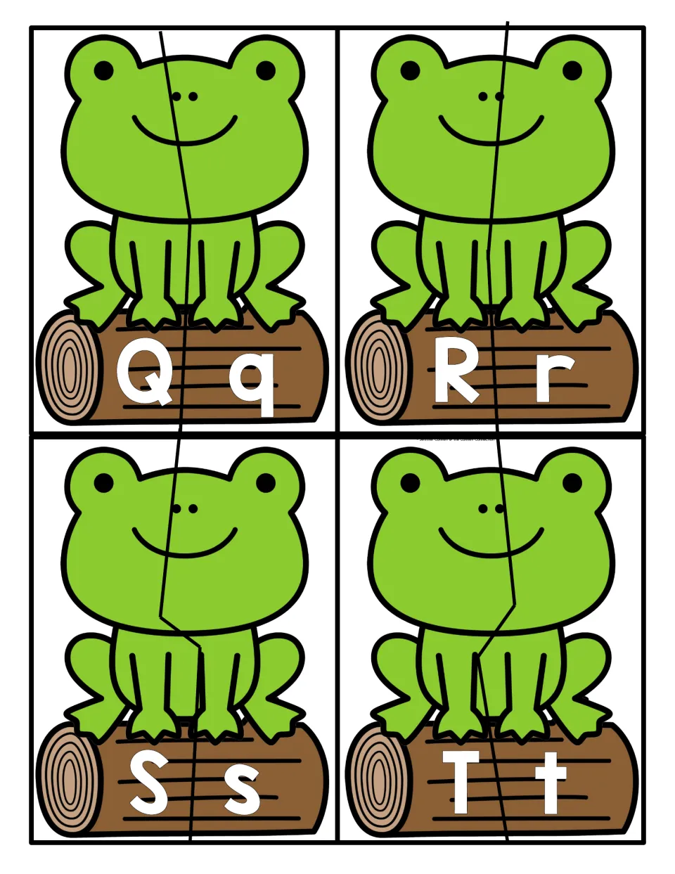 Letters Q to T: two-part frog puzzles so children join capital Q, R, S and T to the matching lowercase half