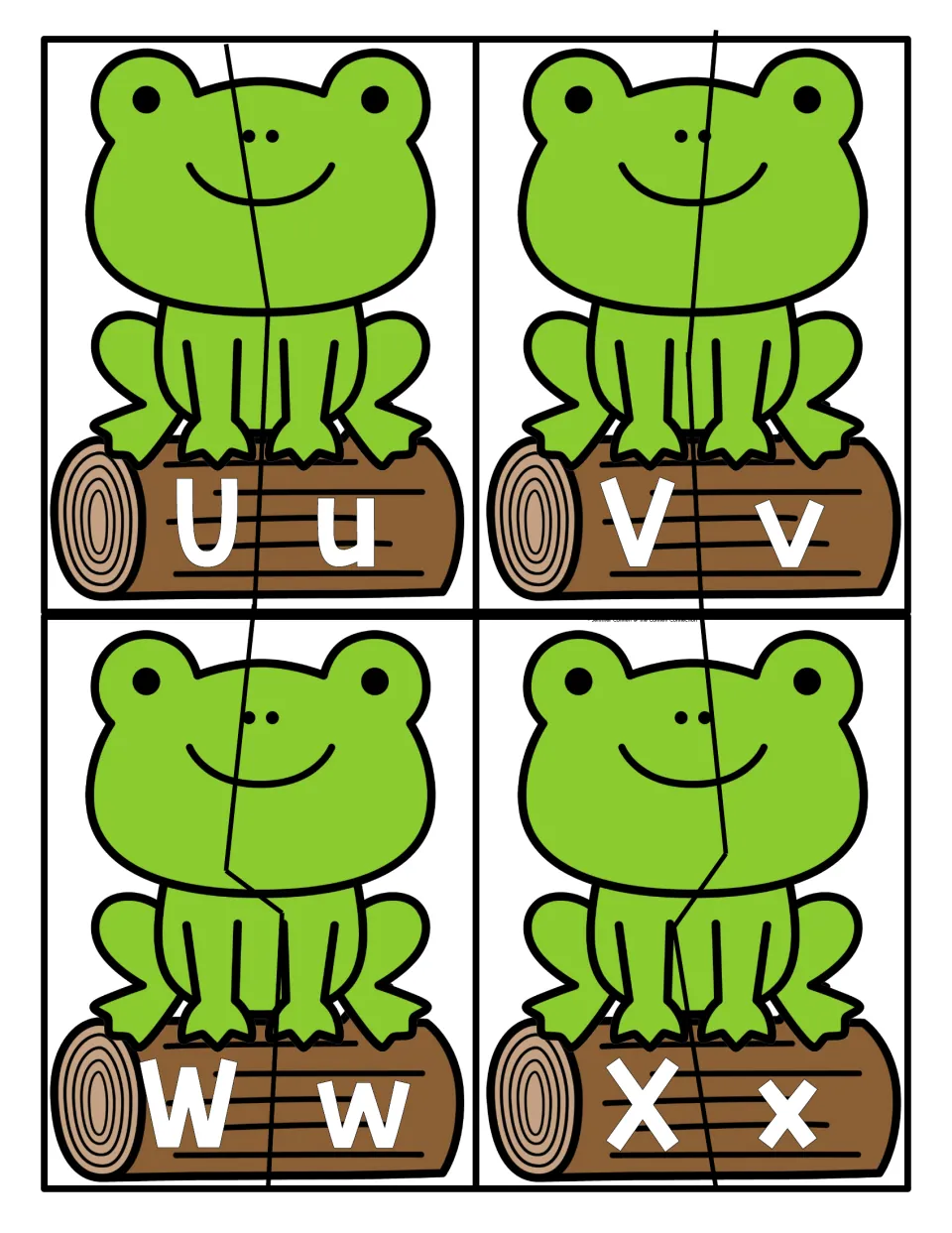 Letters U to X: frog puzzles split in two for pairing uppercase U, V, W and X with lowercase u, v, w and x