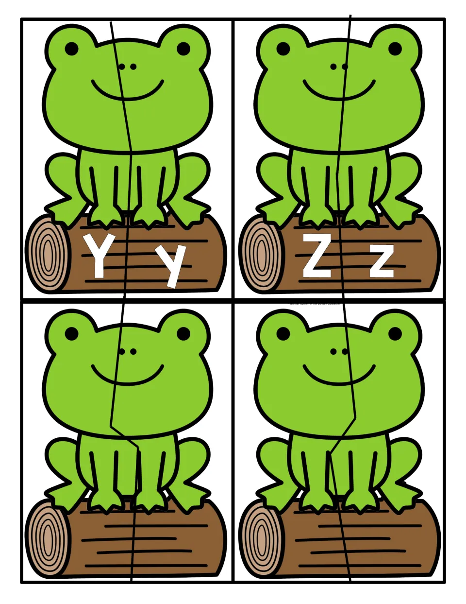 Letters Y and Z frog puzzles for upper and lowercase matching, plus two blank ones with no letters on the logs