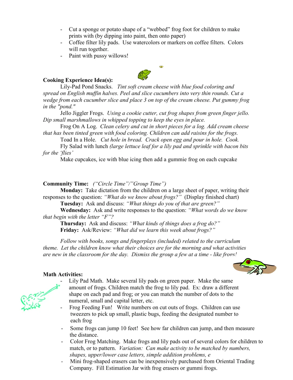 Frog curriculum activities continue with art, pond snacks, daily circle time prompts, and lily pad math
