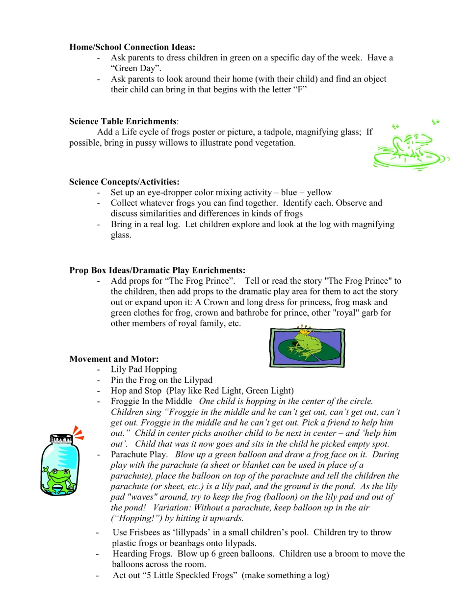 Frog curriculum ideas cover home connections, science exploration, Frog Prince dramatic play, and movement
