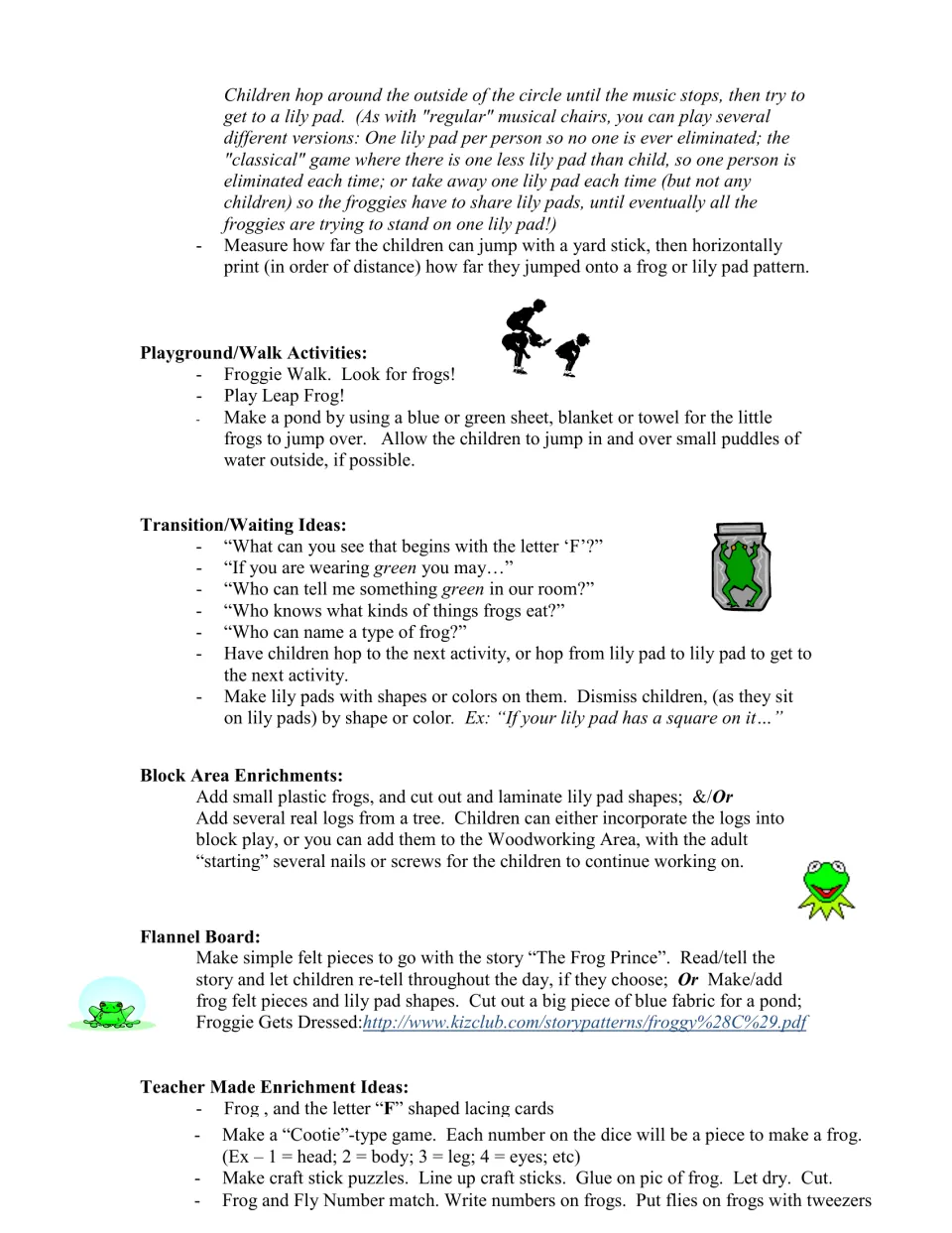Frog curriculum ideas include outdoor play, transition prompts, block play, felt stories, and lacing cards