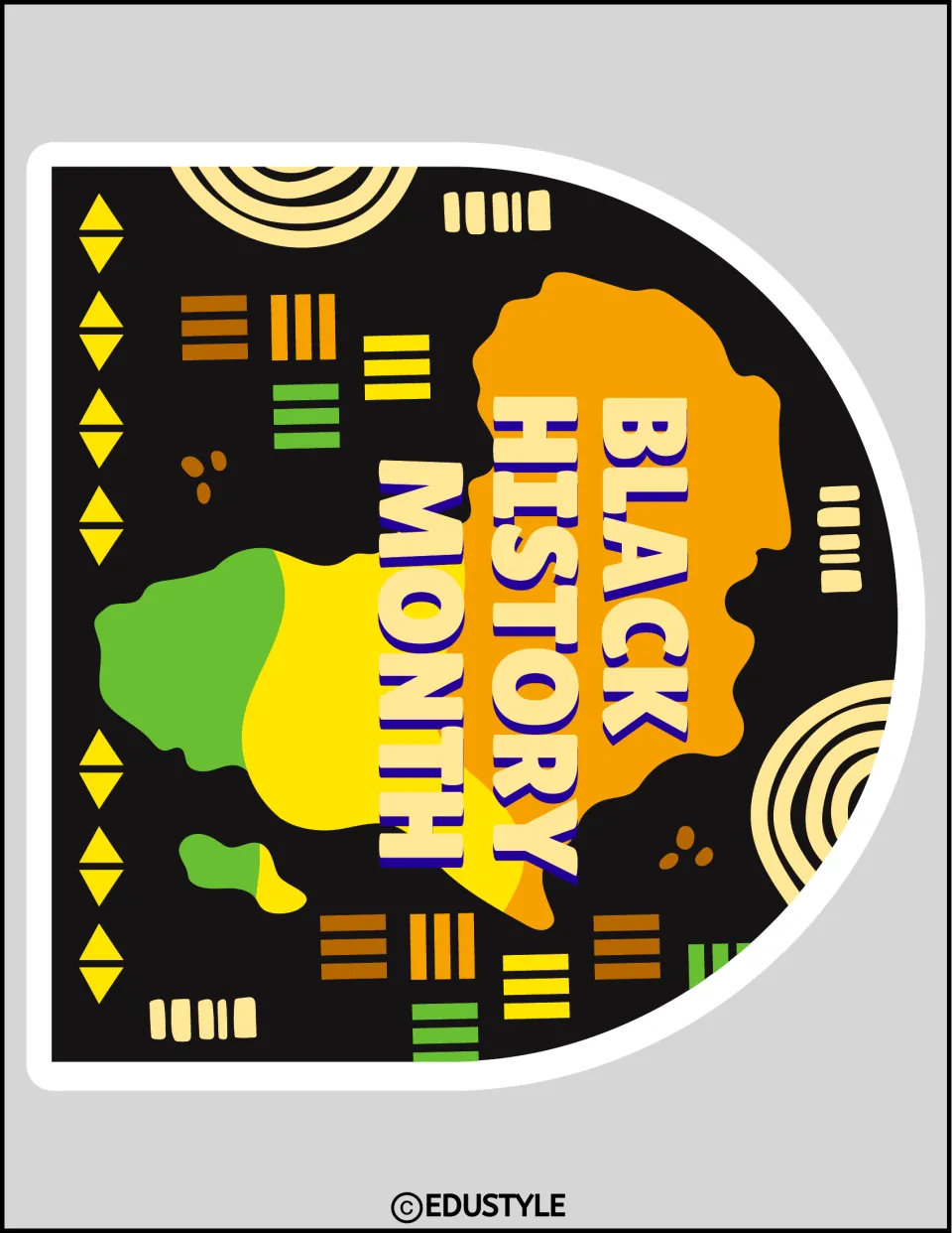 Black History Month half-dome sign, printed sideways, with the title over an Africa map in orange, yellow and green