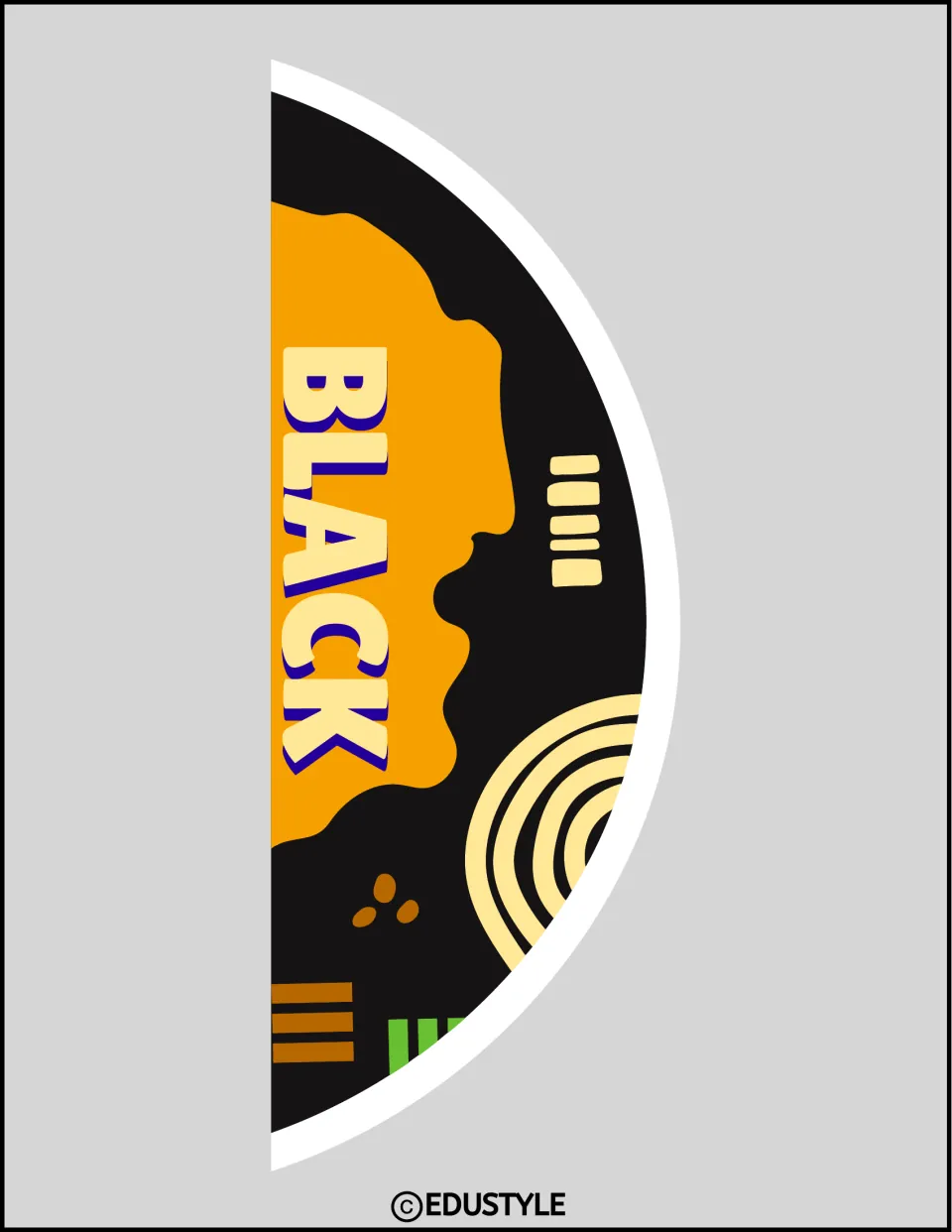 Cut-out piece of the oversized sign: the rounded end carrying the word BLACK on an orange shape with cream swirl accents