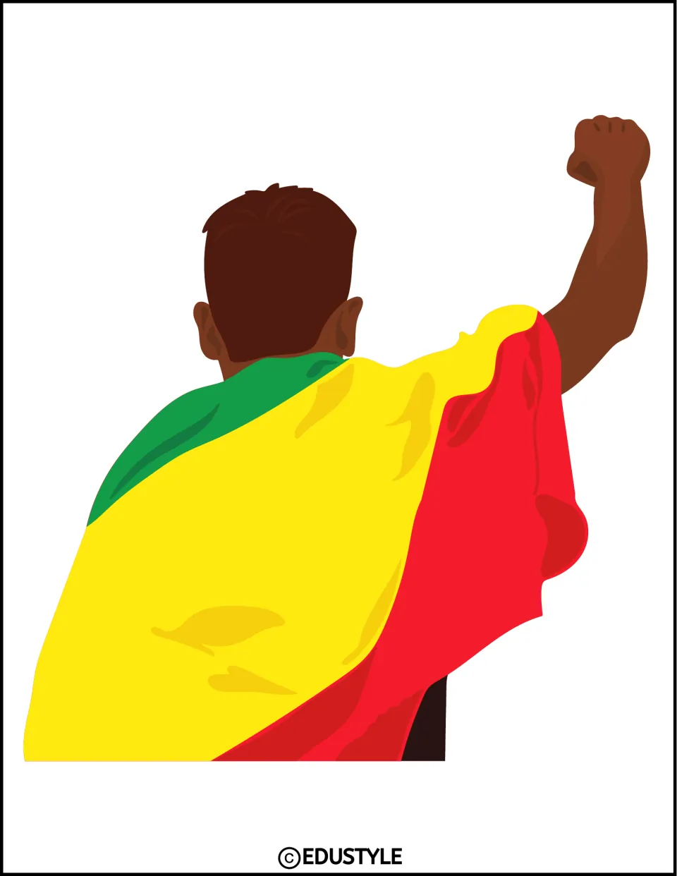 Figure seen from behind with a raised fist, draped in a green, yellow and red flag, a centerpiece image for the display