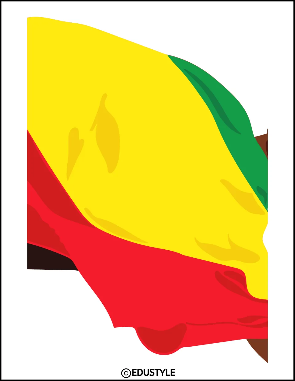 Cut-out piece of an enlarged raised-fist figure: the green, yellow and red flag draped across the back, printed sideways