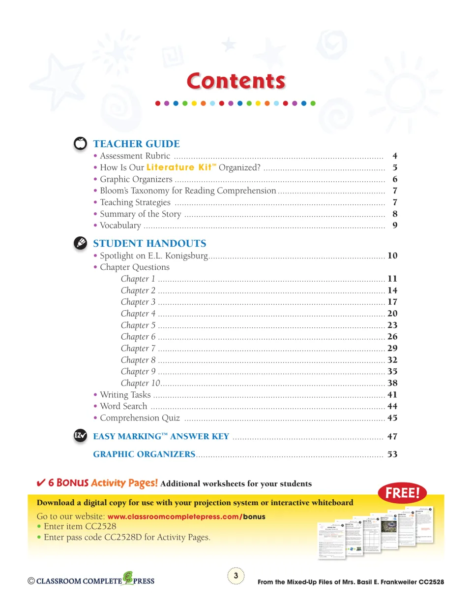 Table of contents: teacher guide pages 4–9, chapter 1–10 handouts on pages 11–40, quiz page 45, answer key page 47