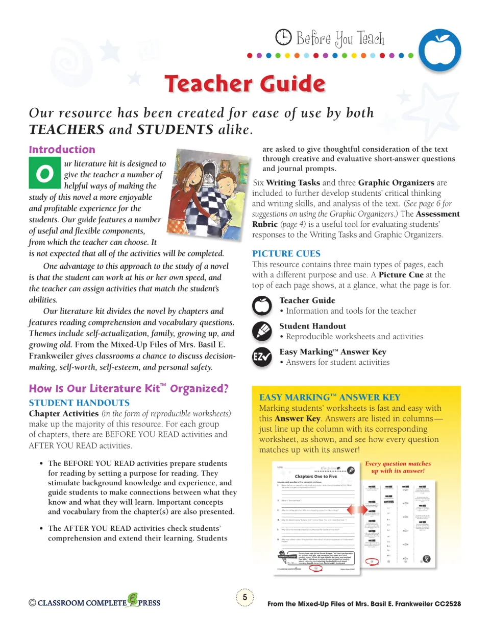 Teacher guide intro on Before You Read and After You Read activities, six writing tasks and the answer key